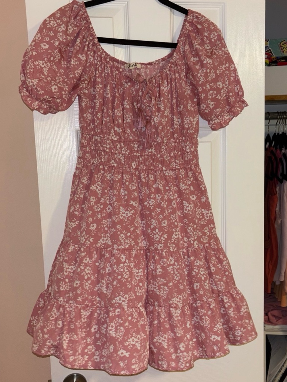 Blush Floral Puff-Sleeve Smocked Midi Dress - Dusty Rose